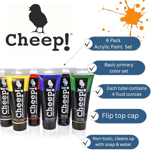Cheep! Acrylic Paints, 4 oz. Tube - 6 Color Paint Set, Perfect for Artists - Quality Acrylic Paint Heavy Body Artist and Student
