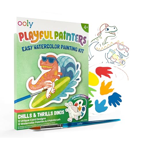 Ooly Playful Painters All-in-One Watercolor Painting Kit, 25 Pc – Dinosaurs | Ages 4+, 12 Artworks with Guided Outlines, 12 Watercolor Palettes and Brush Included, Non-Toxic Kids Art and Craft Kit - color: Chills & Thrills Dinos