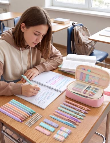SUNEE Pencil Case with Supplies, 54PCS Aesthetic Stationery Set with 8 Pastel Highlighters, 8 Gel Pens Black Ink, 6 Mechanical Pencils, Back to School, College Essentials for Students, Pink - color: Pink, style: 54 Pack