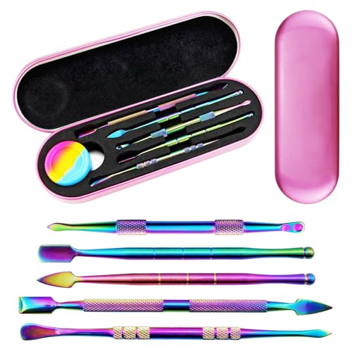 YETOOME 6 Pcs Wax Carving Tool Set with 5 ml Silicone Container and Portable Pink Metal Case, Double-Ended Carving Tool Stainless Steel Wax Sculpting Tools for Wood, Wax, Clay, Pottery, Rainbow Color