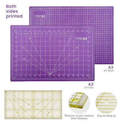 Daily Treasures 45mm Rotary Cutter Set with 5pcs Blades (Straight,Wave,Dot), No Constant Pressing Steel Rotary Fabric Cutter, Sewing Supplies Kit Includes A3 Cutting Mat, Acrylic Ruler, Seam Roller