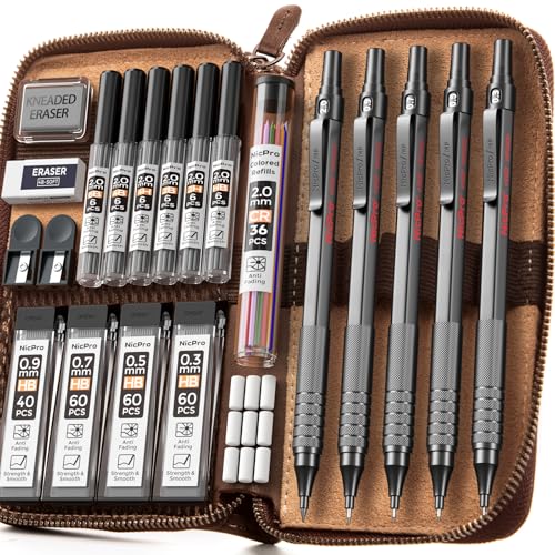 Nicpro 20PCS Black Metal Mechanical Pencil Set in Leather Case - color: Black, size: 20pcs