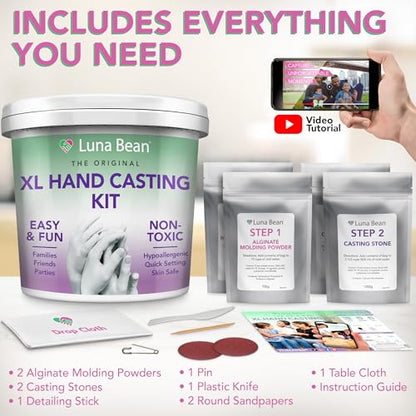 Luna Bean XL Hand Casting Kit for Family - Extra Large Mold, Up to 6 Hands | Molds up to 4 adult hands or 2 adults with 4 kids - double the material of our couples kit, family keepsake gift - size: Family XL