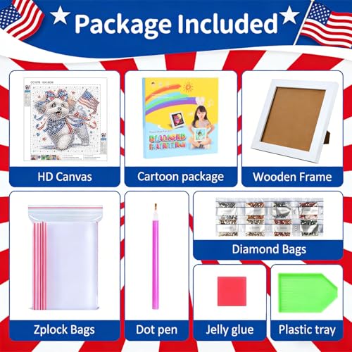 Gemozaic 4th of July Patriotic Dog Diamond Art Kit for Kids 8-12 with Frame, Cute Independence Day Puppy Diamond Art Painting, DIY Animal with American Flag Arts and Crafts Kit, 7 x 7 Inch - color: CC1076