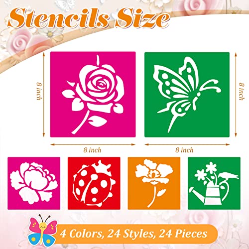 Henoyso 24 Pcs Summer Flower Stencil for Kids 8 Inch Reusable Templates | Plastic, Drawing Painting Templates, Large, Garden, Spring, Butterfly, Pink, Wood Paper Scrapbook, Wedding DIY Art Crafts - style: Flower Style