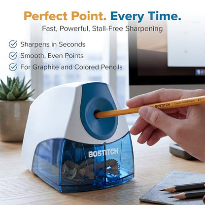 Bostitch Office Electric Pencil Sharpener for Classroom & Desk Use, Heavy-Duty Stall-Free Motor, High-Capacity Shavings Tray, Blue - color: Blue
