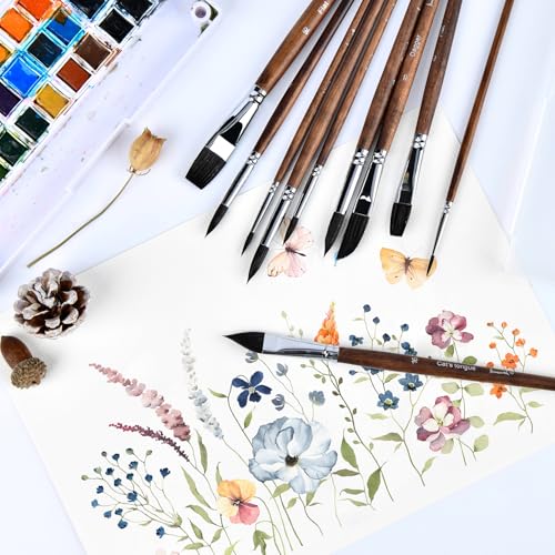 Brusarth Watercolor Brushes, Synthetic Squirrel Hair Paint Brush Set | 10 Pcs Soft Synthetic Squirrel Paint Brushes, Including Pointed Rounds, Flats, Dagger, Cats Tongue, Oval Wash