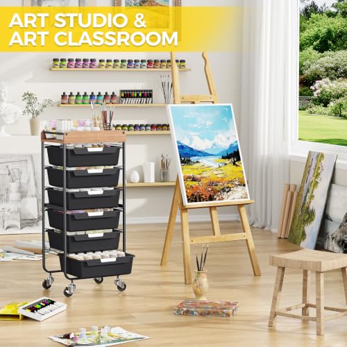 SYKIARIOL Utility Cart with 6 Labeling Drawers and Wooden Tabletop - color: Classic Black, size: 6-Drawer