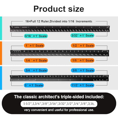 Architectural Scale Ruler, Imperial Measurements 12'' | Black, Laser-Etched Aluminum Architect Triangular Ruler for Architects, Students, Draftsman, and Engineers - style: Black-A