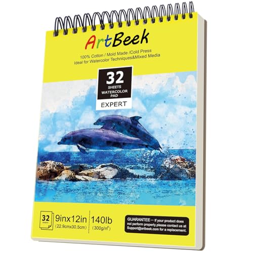 ArtBeek Watercolor Pad 9x12 Inch, 32 Sheets (140lb/300gsm), 100% Cotton Watercolor Paper,Cold Pressed,Acid-Free, Art Sketchbook Pad for Painting & Drawing, Wet, Mixed Media - size: Cold Press Spiral 9x12