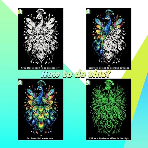 DESINIK Rainbow Scratch Painting Art for Adults–Glow in The Dark Scratch Rainbow Art Paper, Creative Scratch Painting Kit, Stress Relief for Scratch Art Home/Office Décor (Butterfly&Peacock - color: Butterfly&Peacock