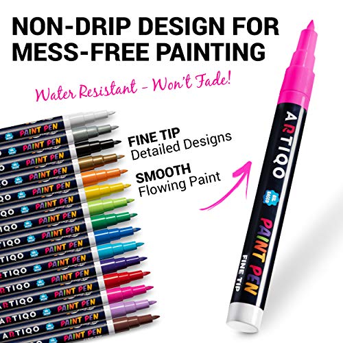 Fine Tip Paint pens for Rock Painting - Wood, Glass, Metal and Ceramic Works on Almost All Surfaces Set of 15 Vibrant oil based fine point paint markers, Quick Dry, Water Resistant