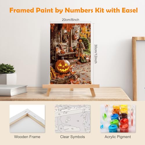 MOGTAA Fall Paint by Numbers Kit for Adults Beginners with Frame, Halloween Adult Paint by Number Kits on Canvas with Easel, Easy DIY Pumpkin Oil Painting Kits for Home Decor, 8x12in - color: Fall Pumpkin2