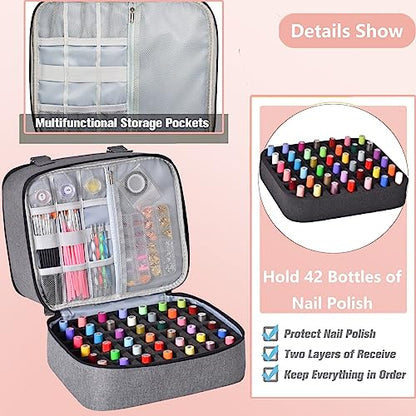 FCQQYWZ Nail Polish Organizer Case - Holds 42+ Bottles (15ml/0.5 fl.oz) and 1 Nail Lamp, Upgraded Double-layer Nail Polish Carrying Case Nail Polish Storage Bag with Handles (Grey) - color: Grey-42Bottles
