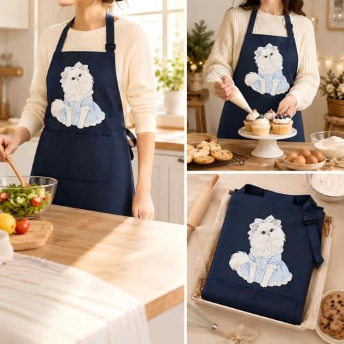 Unisex Cat Chef Apron, Adjustable Strap with Two Pockets | Thick waterproof fabric, machine washable. 27.5×31.5 in. Dual pockets for phones. Dual neck straps, long ties, cute cat print - color: Navy Blue