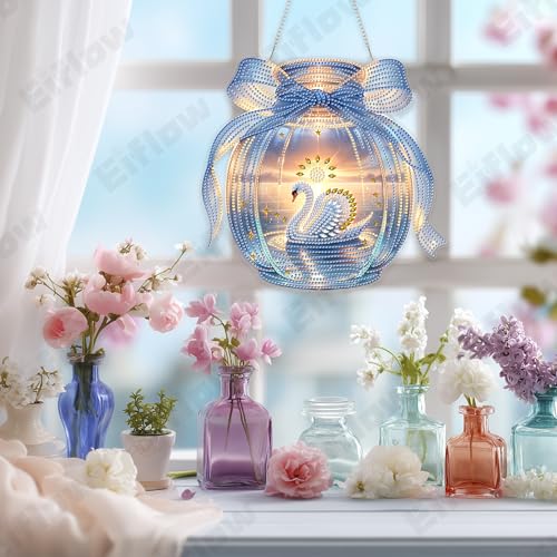 Eiflow Acrylic Diamond Art Hanging Kit for Adults, DIY Diamonds Painting Door Hanger Board Kit, Special Crystal Diamond Art Painting Pendant Ornament (Swan) - color: Swan