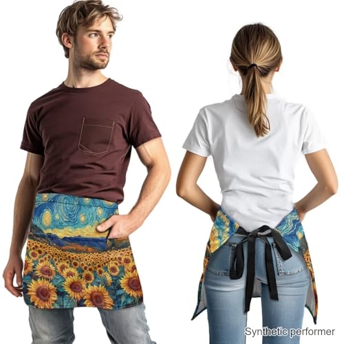 Waist Apron with 3 Pockets Waterproof 13 Inch Short Half Waist Aprons Women Men Server Aprons Waitress Waiter Apron - color: Starry Sunflower