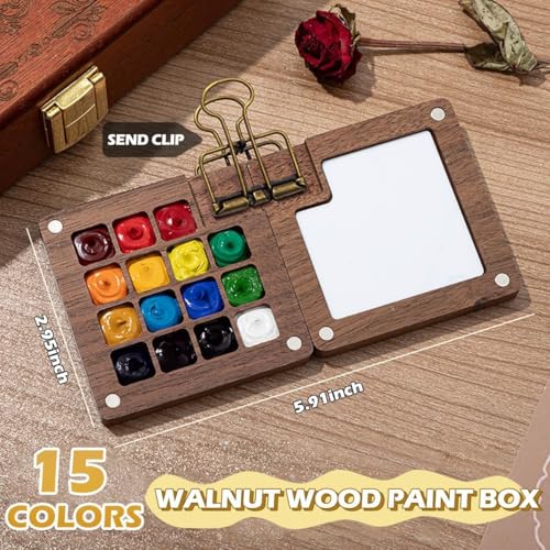 Mini Watercolor Travel Paint Set, Travel Watercolor Set, Portable Artist Palette Sets with Colours, Book,Binder Clips,Pens,Wooden Paint Box for Painters Artists Student (15 Grids)