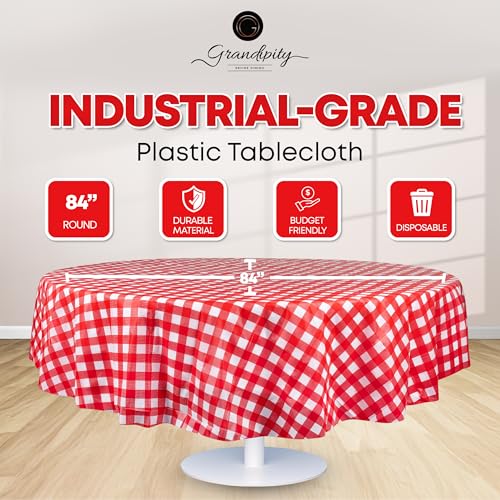 Grandipity Plastic Table Cloth Disposable 12 Pack 84" Round Red Gingham | Plastic table covers, durable disposable tablecloths, fade and tear-resistent table cover for party, event - color: Red Gingham Checkered, size: 84in. Round