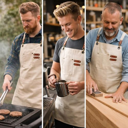 Chef Aprons for Men Canvas Apron with Large Pockets and Adjustable Neck Strap for Cooking,BBQ, Gardening - color: Cream