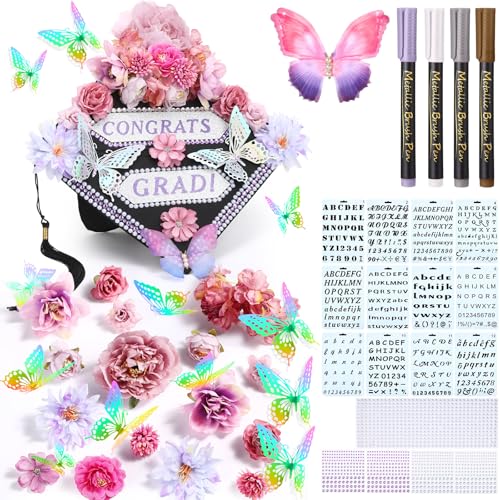 Lyrow 51 Pcs DIY Graduation Cap Decorations Kits Included Grad Cap Pens Faux Flowers Letter Number Stencils Rhinestones Stickers 3D Butterflies for Grad Hat Topper Decors Craft Art DIY(Dark Purple) - color: Dark Purple