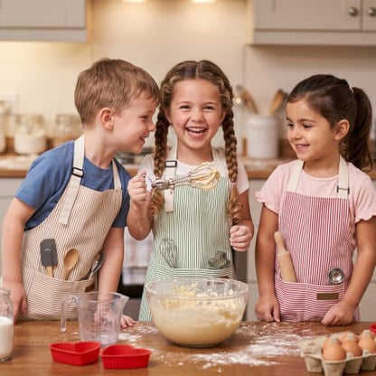 3 Pack Stripes Kids Apron, Adjustable Kids Cooking Aprons with 2 Pockets, Cute Chef Baking Aprons for Boys and Girls - color: Pink + Green + Khaki, size: 45x50cm