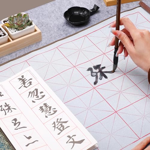MEGREZ Reusable Water Writing Calligraphy Cloth Set No Ink Practice Kit | 32 grids, 4pcs set, brush pen & water dish, copy template, multi color options, mess-free, calligraphy practice - color: Dark Green