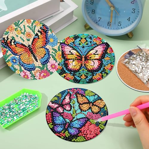 Mrnsiet 8 Pcs Butterfly Diamond Painting Coasters Kits with Holder, DIY Butterfly Diamond Art Coaster Non Slip Coaster for Tabletop Protection 4x4 Inch - color: BD8P2404