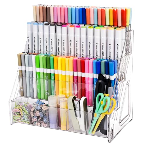 CELSOL Acrylic Marker Organizer – 4 Tier 20 Compartments for Pens, Markers, Art Supplies & Office Essentials – Clear Vertical Desk Storage for Home, Office & School - size: 4 Tier