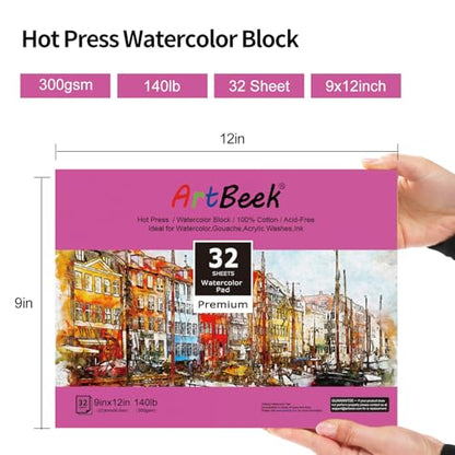 ArtBeek Watercolor Paper Block, Watercolor Block 100% Cotton Paper Pad 140g/300GSM (9X12 Hot Press) - size: Hot Press 9x12