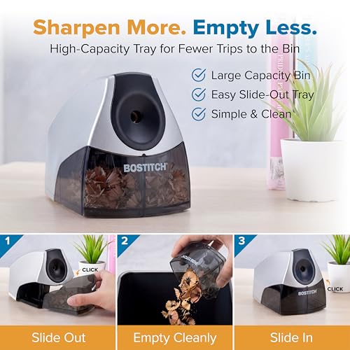 Bostitch Office Electric Pencil Sharpener for Classroom & Desk Use, Heavy-Duty Stall-Free Motor, High-Capacity Shavings Tray, Silver - color: Silver