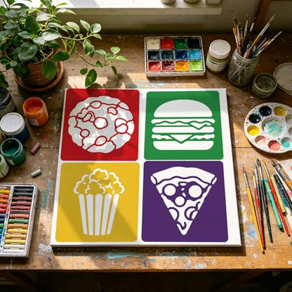 CUTHOLLOW 25PCS Food，Hamburgers, Desserts Painting Shape Stencils Sets - 8 Inch Reusable&Washable Drawing Template, Different Primary Themed Sidewalk Chalk Art Stencils Kit for Craft Room Wall Paper - style: Food Theme