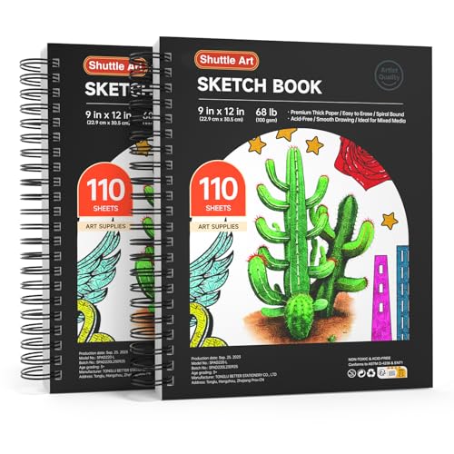 Shuttle Art 9x12” Sketchbook, 220 Sheets Total, Pack of 2(110 Sheets Each), 68lb/100gsm Thick Paper, Spiral Bound Mixedmedia Sketch Pad, Acid-free Drawing Pad for Kids Adults Artists Sketching Drawing - size: 110 Sheets x2