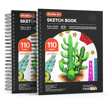 Shuttle Art 9x12” Sketchbook, 220 Sheets Total, Pack of 2(110 Sheets Each), 68lb/100gsm Thick Paper, Spiral Bound Mixedmedia Sketch Pad, Acid-free Drawing Pad for Kids Adults Artists Sketching Drawing - size: 110 Sheets x2