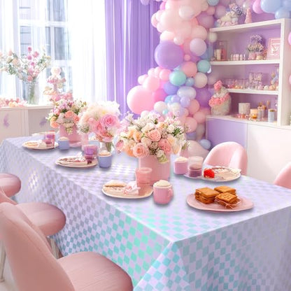 OQOQ Light Purple Checkered Iridescent Tablecloth (4 Packs), 108x 54 Inches Laser Rectangular Plastic Table Cover Disposable Table Cloth Purple Birthday Music Birthday Princess Bachelorette Party - color: Light Purple Checkered