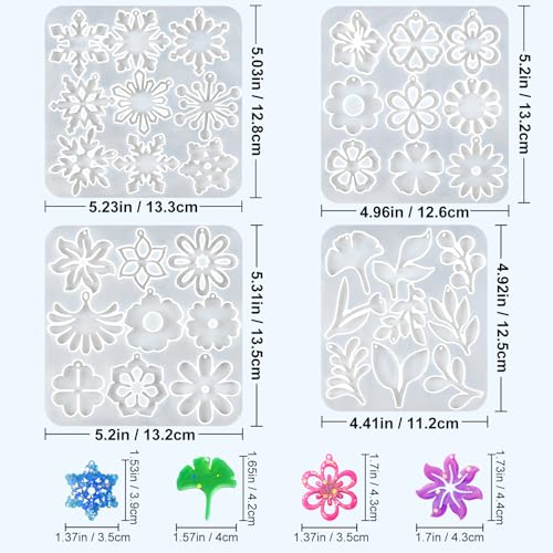 Resin Earring Mold, Set of 4 Variety Earring Casting Mold with Hole | Snowflakes Flower Leaf Shape Earring Silicone Molds for Epoxy Resin Crafting Jewelry Pendant Keychain DIY Gift - color: 4PCS Flower Jewelry Molds