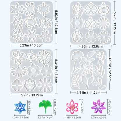 Resin Earring Mold, Set of 4 Variety Earring Casting Mold with Hole | Snowflakes Flower Leaf Shape Earring Silicone Molds for Epoxy Resin Crafting Jewelry Pendant Keychain DIY Gift - color: 4PCS Flower Jewelry Molds
