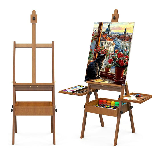 Professional Vintage Wood H-Frame Easel, with 2 Palette and Storage Box - color: Vintage