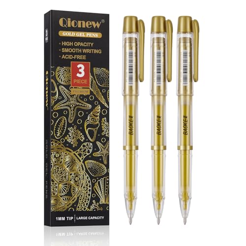 Qionew Gold Gel Pens, 3 Pack, 1mm Fine Gel Ink Pen, Opaque Ink, for Artists Drawing on Black Paper, Sketching, Illustration, Card Making, Bullet Journaling - size: 1 Count (Pack of 3), style: Gold