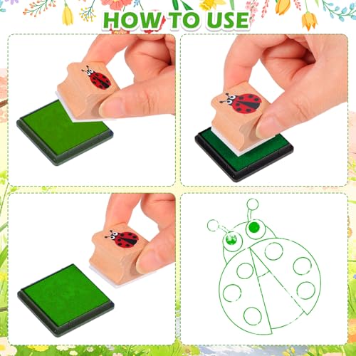 HOWAF 12pcs Spring Wooden Stamps, Hello Spring DIY Craft Rubber Stamps, Animal Daisy Flower Inking Stamp Pads Set, Butterfly Stamp Sunflower Inking Pads for Summer Party Supplies