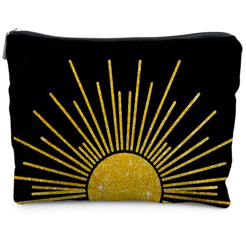 Boho Makeup Bag, Boho Abstract Black and Gold Sun Sunshine Makeup Bags for Women, Boho Gifts for Women, Boho Makeup Pouch Zipper Pouch, Aesthetic Makeup Bag - color: Abstract gold Sunshine