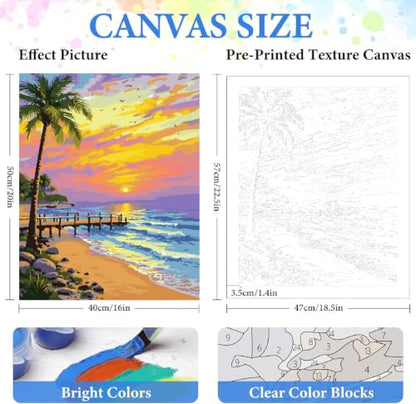 ZRIZQ Beach Paint by Numbers Kit for Adults Beginner,Sunset,16x20 | Full set with rich paints,wooden brushes,rolled canvas.Calming activity.Beginner friendly.Just open and paint. - color: 16"X20"Rolled Canvas-Landscape 9