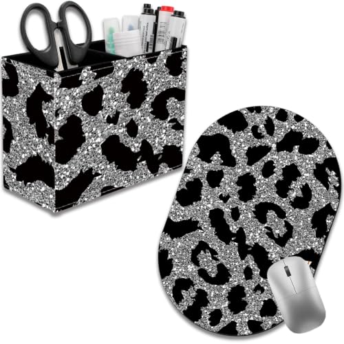 Pen Holder for Desk, PU Leather Multifunctional Desktop Storage Box and Anti-Slip Mouse Pad Set, Makeup Brush Holder Pen Organizer for Office and Home - Leopard Print Pattern - color: Leopard Print Pattern