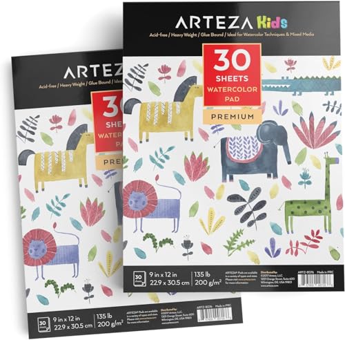 ARTEZA Watercolor Paper for Kids, 2 Pack, 30 Sheets Each, 9x12 Inches Water Pad, 135lb/200gsm, Glue Bound, Acid Free Kids Paper - style: 60 Sheets