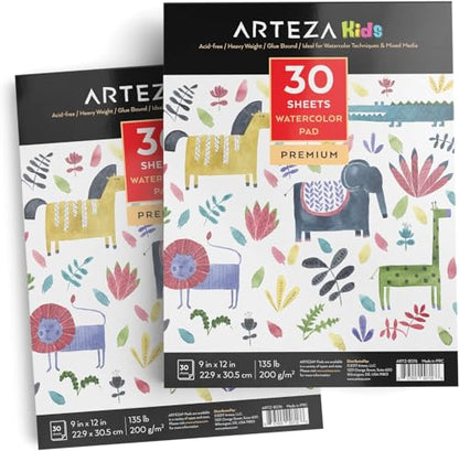 ARTEZA Watercolor Paper for Kids, 2 Pack, 30 Sheets Each, 9x12 Inches Water Pad, 135lb/200gsm, Glue Bound, Acid Free Kids Paper - style: 60 Sheets
