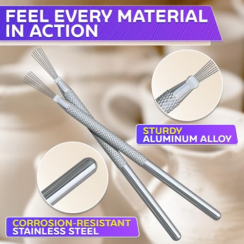 2 Pcs Pottery Scoring Tool Ceramics, 5.33 In, Stainless Steel Pottery Tools | Clay Scoring Tool Set; Feather Wire Texture; Aluminum Alloy Handle, Knurled Grip; for Air Dry Clay Sculpting, and Texturing