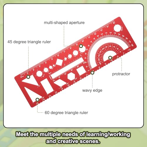 HARFINGTON 2pcs Multifunctional Geometric Rulers 15cm Metric and SAE Aluminum Straight Edge Protractor Angle Math Measuring Ruler Geometric Drawings Templates for Drawing Drafting, Red - color: Red