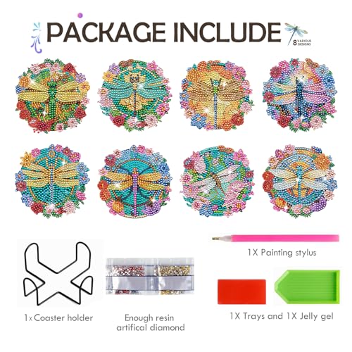 Dragonfly Diamond Art Coasters - 8 PCS DIY Colorful Flower Glass Diamond Painting Kits Special Shaped Non Slip Drink Coaster with Holder Art Craft Supplies Birthday Gift for Beginner Adult - color: Dragonfly