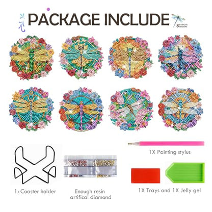 Dragonfly Diamond Art Coasters - 8 PCS DIY Colorful Flower Glass Diamond Painting Kits Special Shaped Non Slip Drink Coaster with Holder Art Craft Supplies Birthday Gift for Beginner Adult - color: Dragonfly