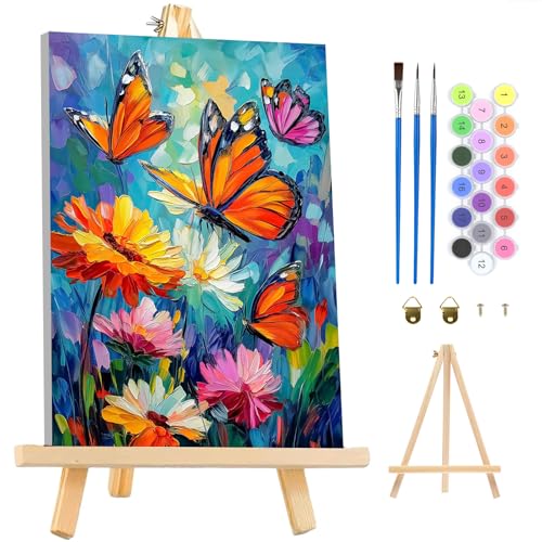 MAXBYE Paint By Numbers Kit for Adults with Frame and Wooden Easel, Colorful Butterfly Acrylic Simple Oil Painting Kits for Beginners, Gift Home Wall Garden Decor Any Festival 10×14 in - color: ZL069